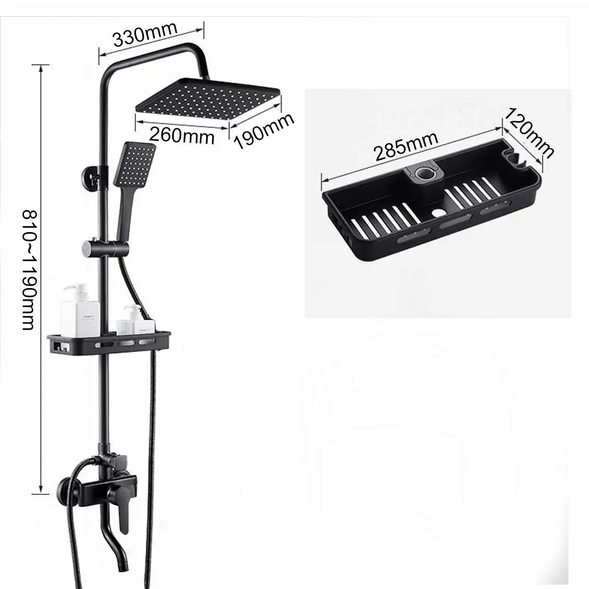 Douche - Regendouche - Douchewand - Douchekolom - Douchepanelen - Mat Regendouche Set – 3-Weg Wandmontage met Mengkraan & Opbergrek - Zwart