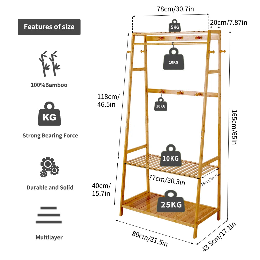 Kledingrek - Kledinghangers - Kledingrek Hout - 2-laags- Bamboe - Moderne Stijl - Opbergrek voor Schoenen & Kleding - Gewichtscapaciteit 100kg/ 220lbs - 80x43.5x165cm/ 31.5x17.1x65inch - Natuurlijke Houten Kleur - QUORE