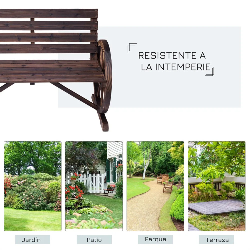 Tuin Bank - Tuinbank Hout - Tuinbanken - Garden Furniture - Rustieke Houten Tuinbank met Wagenwiel-Armleuningen - 2-Zits Bank van Vurenhout - QUORE