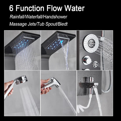 Douche - Regendouche - Douchewand - Douchekolom - Douchepanelen - Matte LED Douchepaneel met Waterval, Regendouche en Massagejets - Zwart