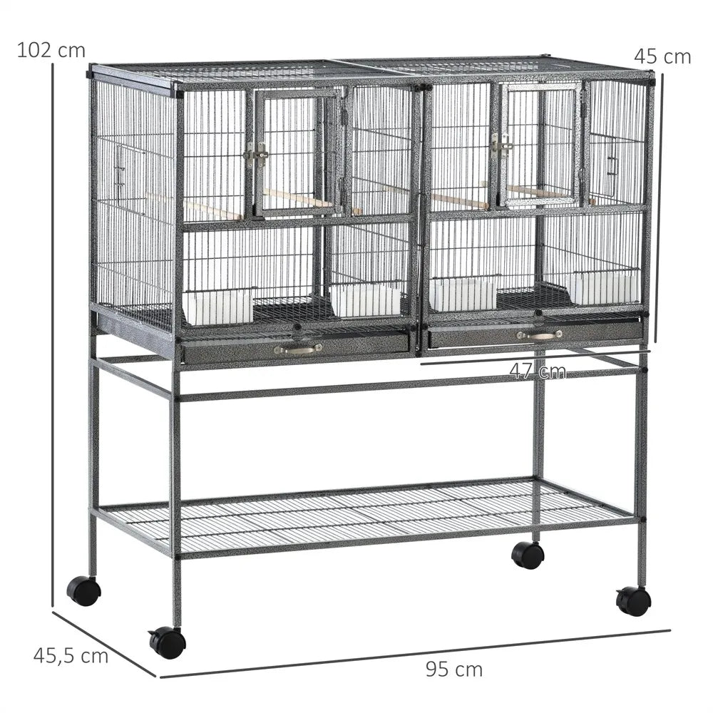Vogelkooi – Papegaaienkooi – Parkietenkooi – Kanariekooi – Vogelvolière – Dubbele Indeling Met Wieltjes – Uitneembare Bodemplaten Voor Makkelijk Schoonmaken - QUORE