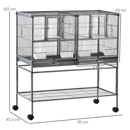 Vogelkooi – Papegaaienkooi – Parkietenkooi – Kanariekooi – Vogelvolière – Dubbele Indeling Met Wieltjes – Uitneembare Bodemplaten Voor Makkelijk Schoonmaken - QUORE