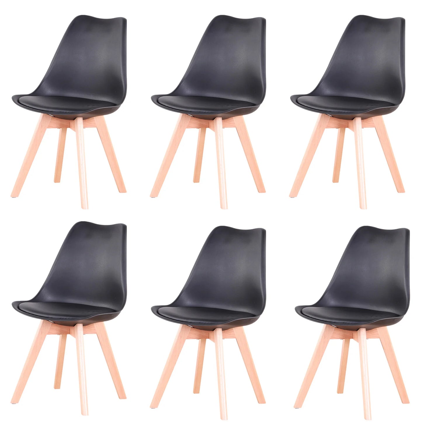Eetkamerstoelen - Eetkamerstoelen Set Van 6 - Stoelen - PU Leren Zitting - Beukenhouten Poten - Ergonomisch - Woonkamer - Keuken - Restaurant - Zwart