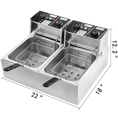Dubbele Frituurpan - Frituurpannen - Horeca Friteuse - 20L - 6000W - Instelbare Thermostaat - RVS - 2 Tanks - Snelle Verwarming - Voor Horeca - en Thuisgebruik - QUORE