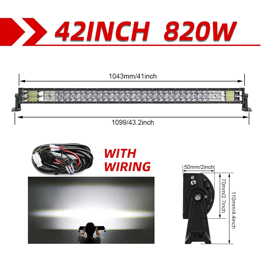 Lichtbalk voor Auto & Vrachtwagens - Krachtige LED Verlichting - Eenvoudige Installatie - 42 Recht met Draad - 90000LM/820W