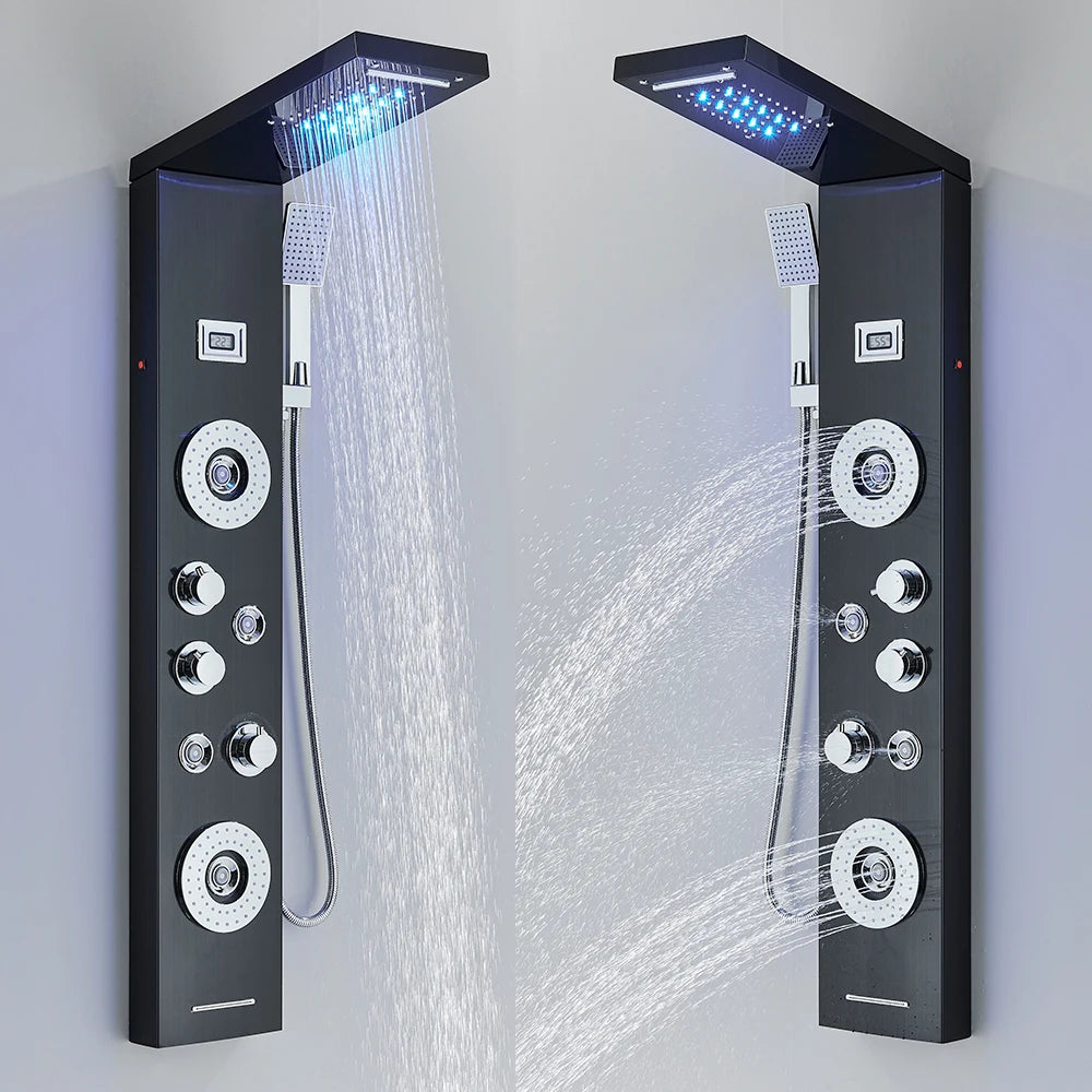 Douche - Regendouche - Douchewand - Douchekolom - Douchepanelen - LED Douchezuil - Waterval & Regendouche - Massagejets - Temperatuurdisplay - Zwart - QUORE