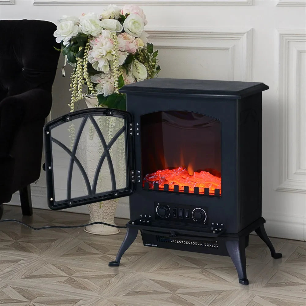 Homcom - Elektrische Haard - Haard - Decoratieve Vloerverwarmingskachel - Verplaatsbaar Decoratief Vlameffect - 1000/2000W - 60Hz - Zwart - QUORE