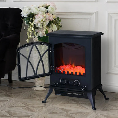 Homcom - Elektrische Haard - Haard - Decoratieve Vloerverwarmingskachel - Verplaatsbaar Decoratief Vlameffect - 1000/2000W - 60Hz - Zwart - QUORE