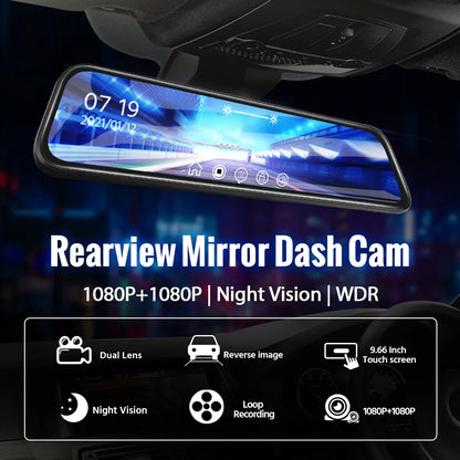 Dashcam voor Auto - 10 Inch Touchscreen Spiegelcamera - 1080P AHD Dashcam met Nachtzicht - G-Sensor - Parkeermodus - Groothoek 170° - Zwart