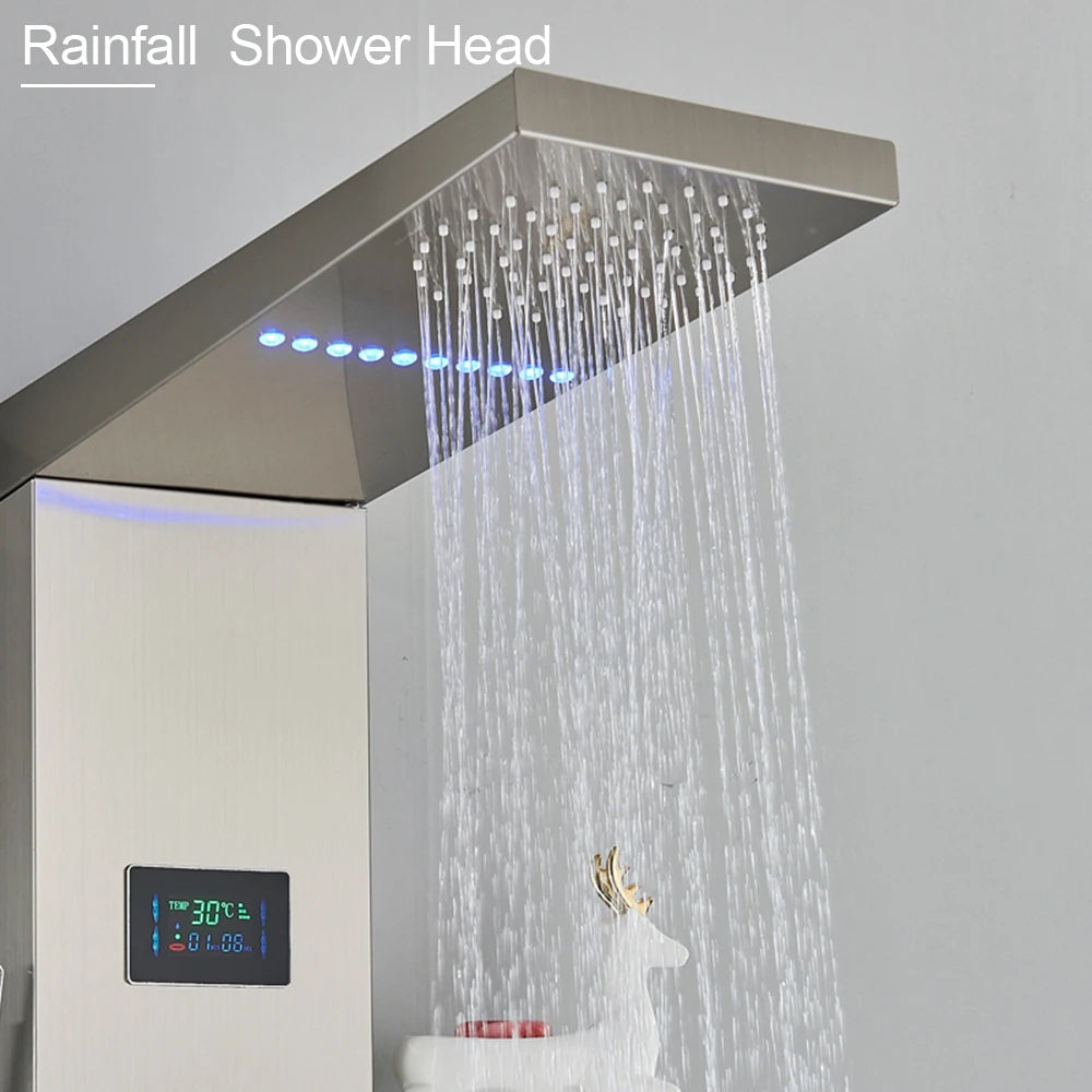 Douche - Regendouche - Douchewand - Douchekolom - Douchepanelen - Brushed Nickel LED Douchepaneel – Waterval Regendouche met LCD Display & Massage Jets - Zilver