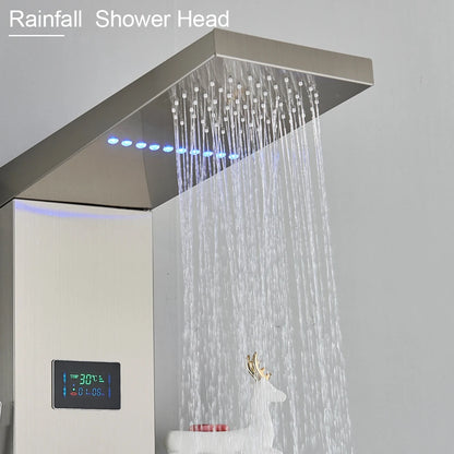 Douche - Regendouche - Douchewand - Douchekolom - Douchepanelen - Brushed Nickel LED Douchepaneel – Waterval Regendouche met LCD Display & Massage Jets - Zilver
