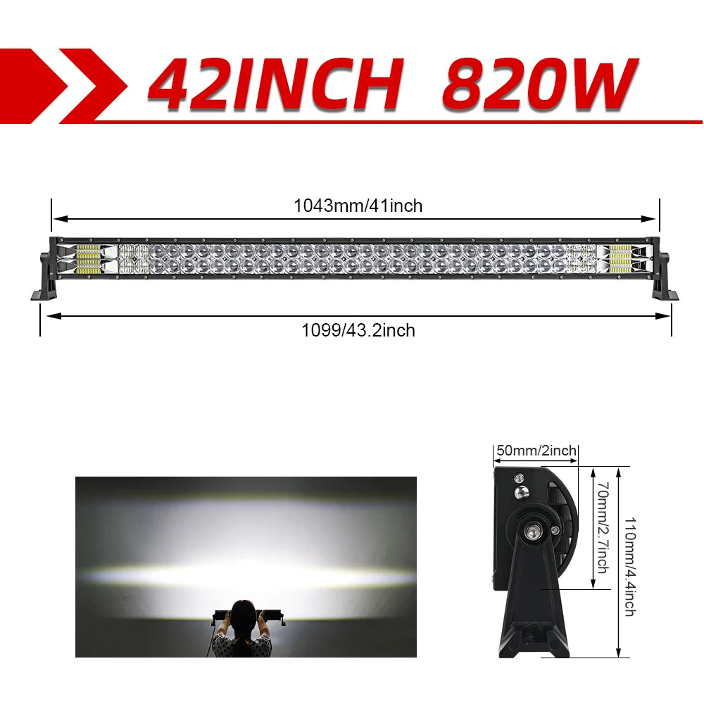 Lichtbalk voor Auto & Vrachtwagens - Krachtige LED Verlichting - Eenvoudige Installatie - 42 Recht zonder Draad - 90000LM/820W