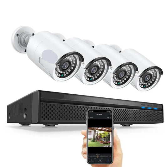 Beveiligingscamerasysteem - 5MP - Openlucht- Bewakingscamera - Beveiligingscamera - IP66 Waterdichte - met 8-Kanaals NVR – Complete IP Camera Surveillance Kit voor Buiten - 2TB HDD - 4 Stuks - Wit