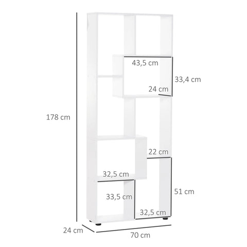 Vertical Bookcase - Storage Cabinet - Bookcase - Shelving Unit - 8 Compartments - Modern - E1 Chipboard - Freestanding - 70x24x178 cm - White