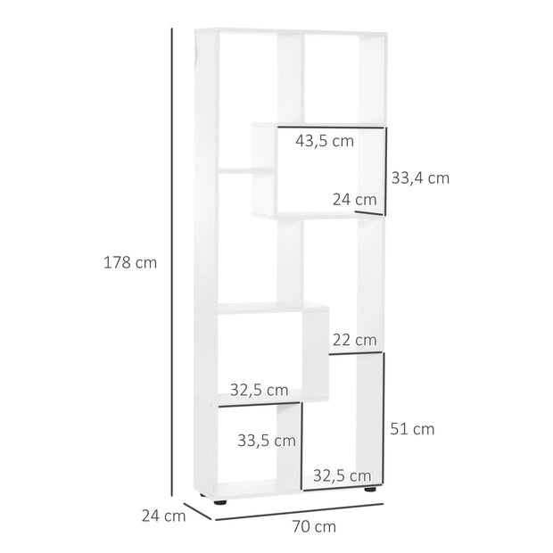 Vertical Bookcase - Storage Cabinet - Bookcase - Shelving Unit - 8 Compartments - Modern - E1 Chipboard - Freestanding - 70x24x178 cm - White