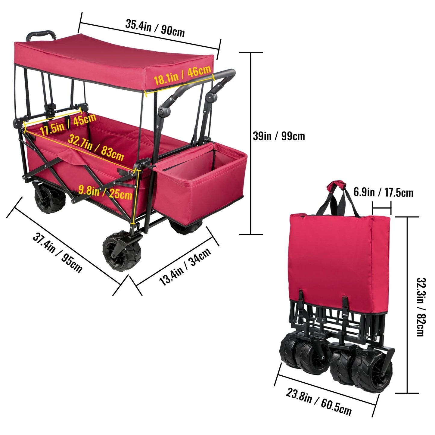 Bolderkar - Bolderwagen - Opvouwbare - Tuinkar - Tuinwagen - Tuintrolley - met Verstelbare Handgreep en Afneembare Luifel - Oxford Stoffen Winkelwagen - voor Outdoor, Camping & Strand - Bolderkarren - Karretje -Draagvermogen 100kg - Rood