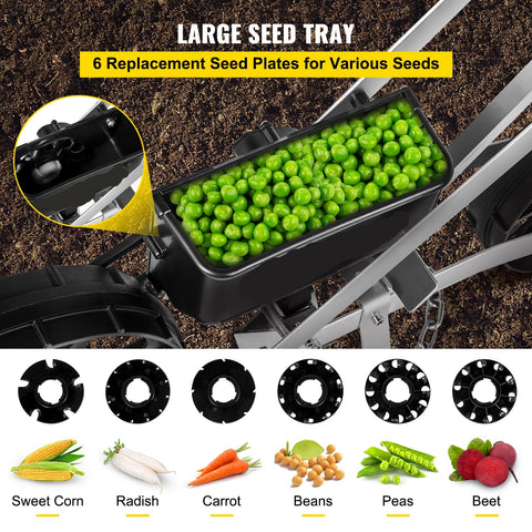 Multifunctionele Hand-Push Zaaimachine - Precisie Gazonstrooier - 6 Zaaiplaten - Instelbare Rijmakering - 78-84 cm - Verschillende Gewassen - Zilver - QUORE