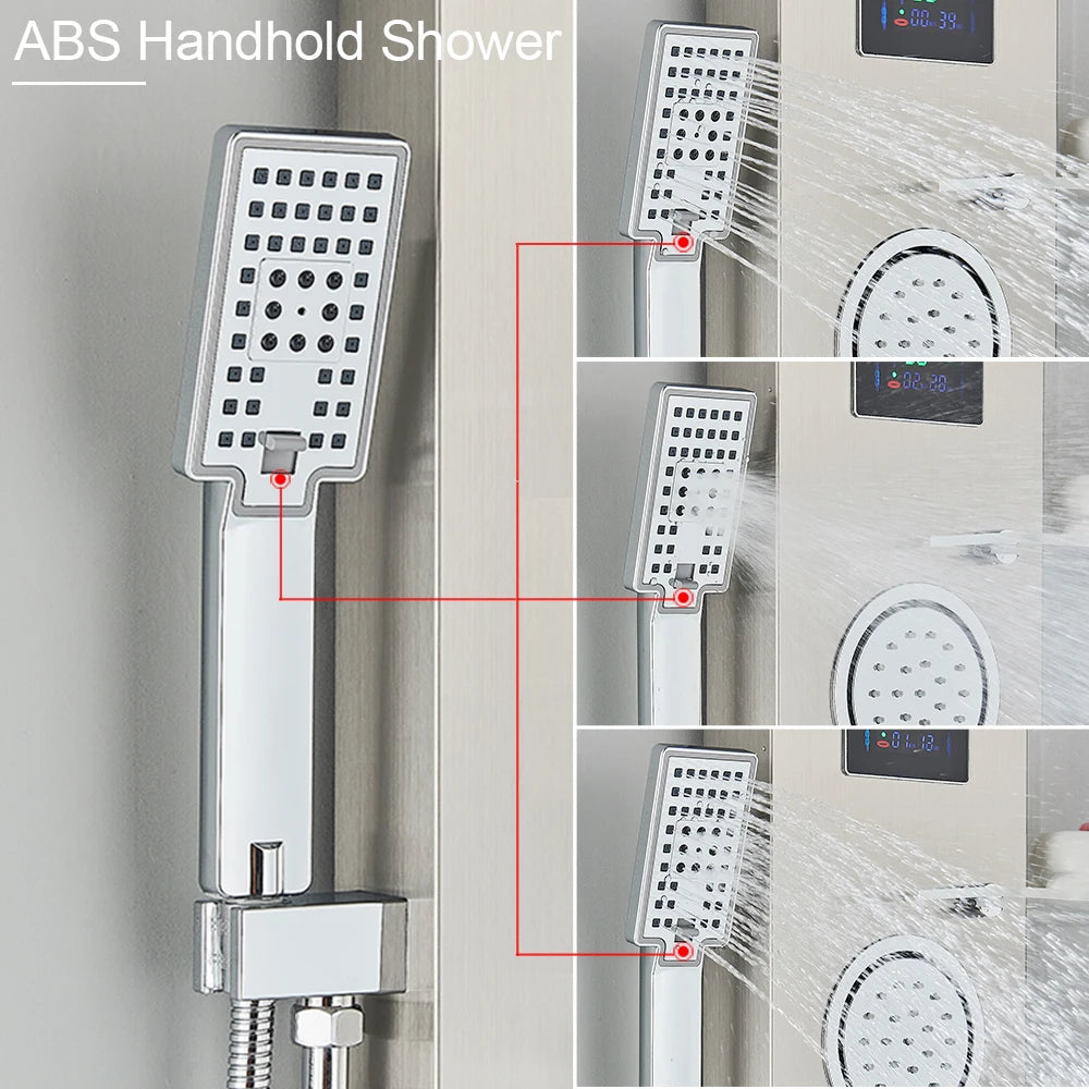 Douche - Regendouche - Douchewand - Douchekolom - Douchepanelen - Brushed Nickel LED Douchepaneel – Waterval Regendouche met LCD Display & Massage Jets - Zilver