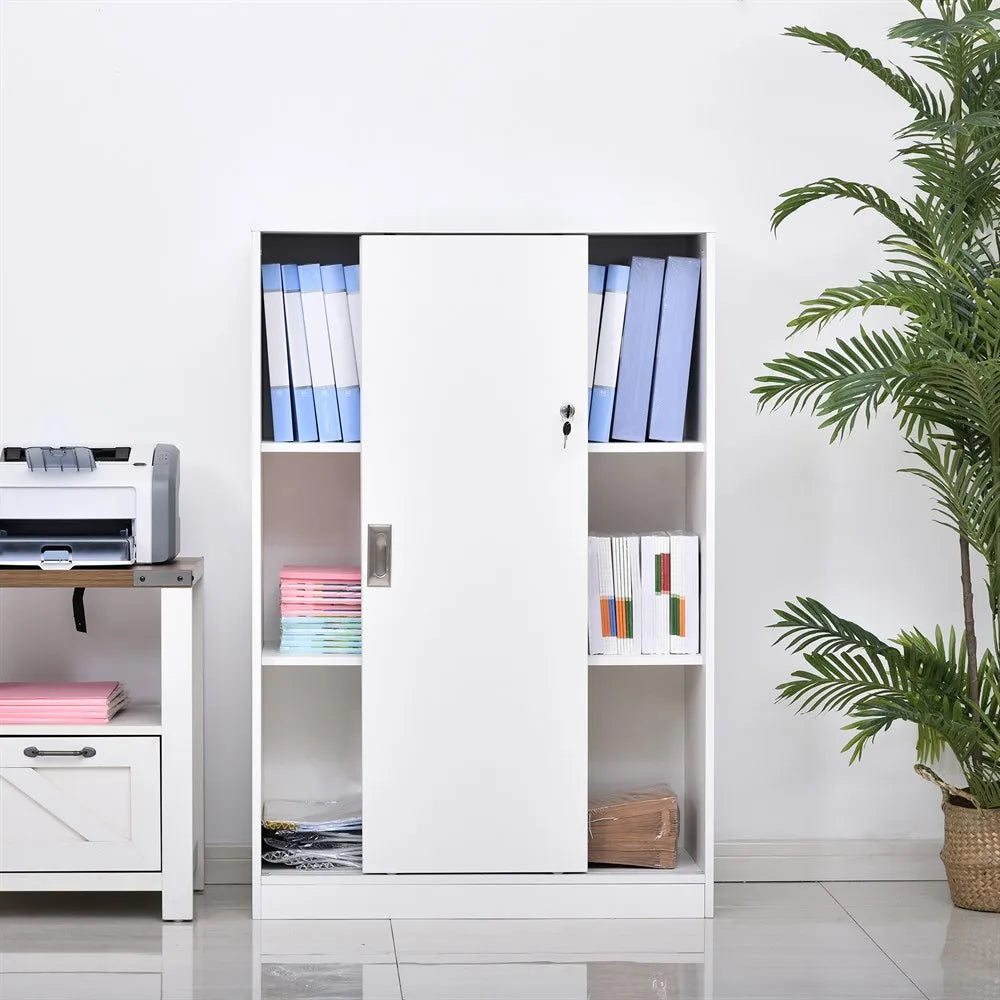 Kast Met Schuifdeuren – Opbergkast – Bureaumeubel – Documentenkast – Slot Met Sleutel – Duurzaam E1 Spaanplaat – Drie Binnenplanken - 80 x 40 x 120 cm - Wit - QUORE