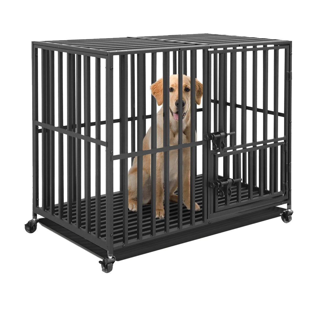 Hondenbench - Hondenkooi - Hondenkrat - Kennelbox - met Wielen - Afneembare Lade - Zwaare - Stevig - 3 Deuren Sloten - Gewichtscapaciteit 100 kg - Metaal - XXL - 117 x 84 x 96.5 cm - Zwart - QUORE