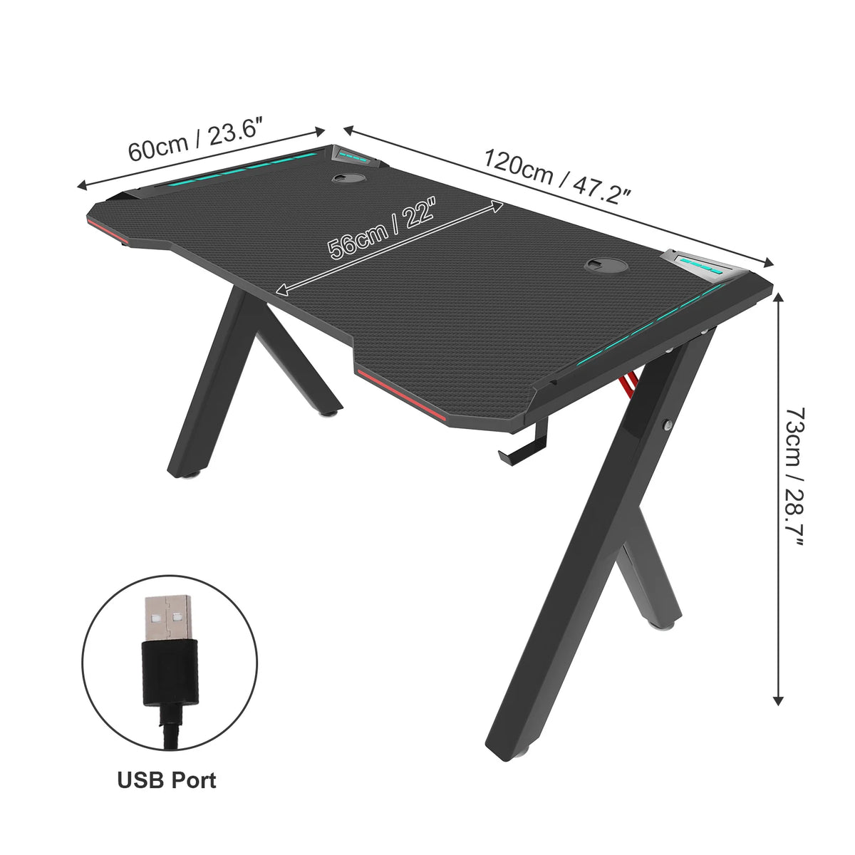 Groot Laptop Computer Bureau - Middelgroot - Rechthoekig Staand Bureau - Gaming en Thuiskantoor - PC Bureau - met RGB LED-verlichting - Zwart