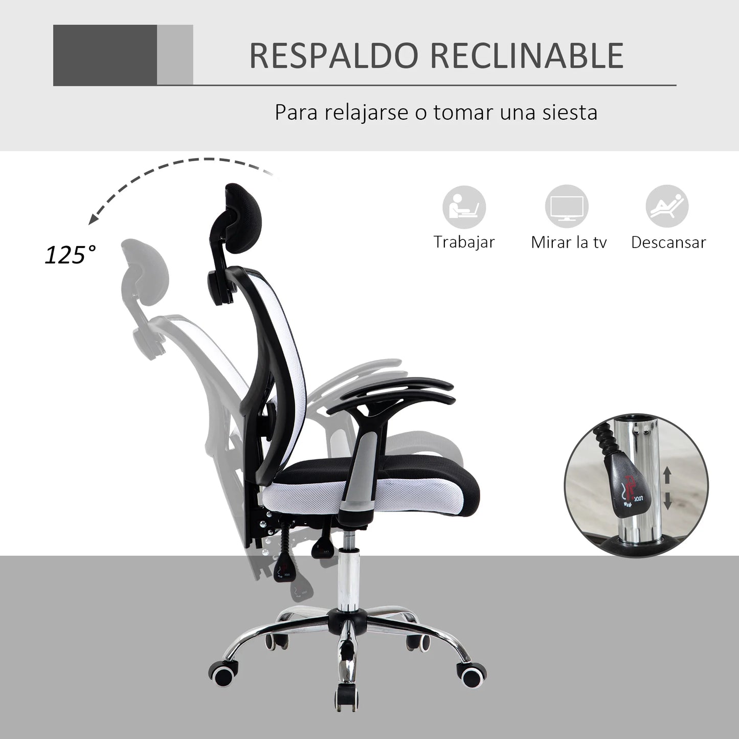 Bureaustoel - Swivel Stoel - met Voetsteun - Hoofdsteun - Verstelbare - Rugleuning - Lendenkussen - Ergonomische - Draaibare - 62 x 67 x 118 cm - Zwart & Wit