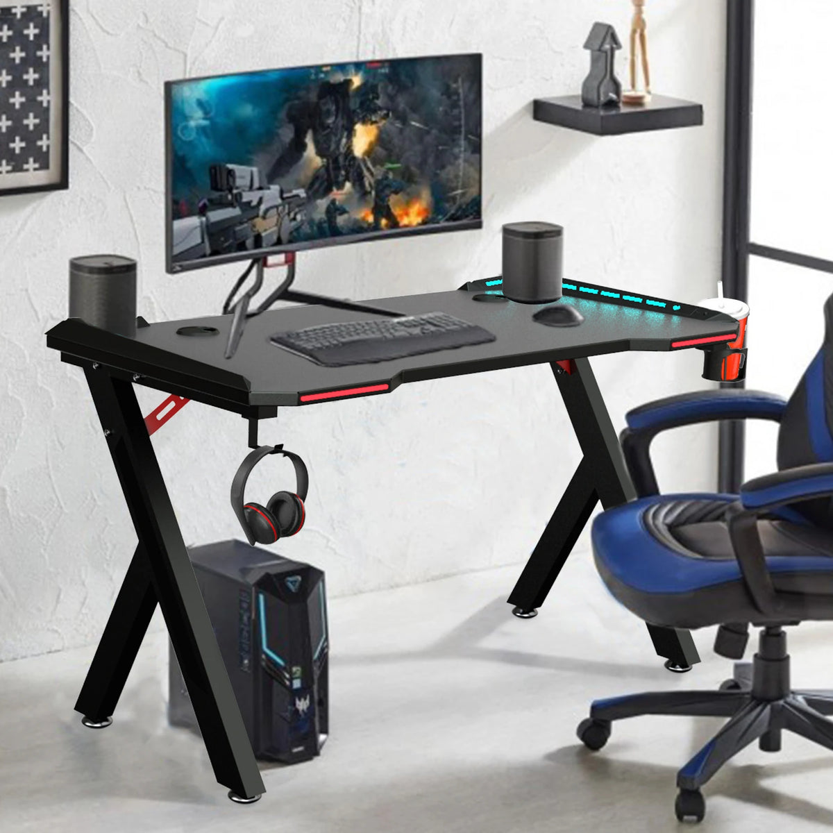 Groot Laptop Computer Bureau - Middelgroot - Rechthoekig Staand Bureau - Gaming en Thuiskantoor - PC Bureau - met RGB LED-verlichting - Zwart
