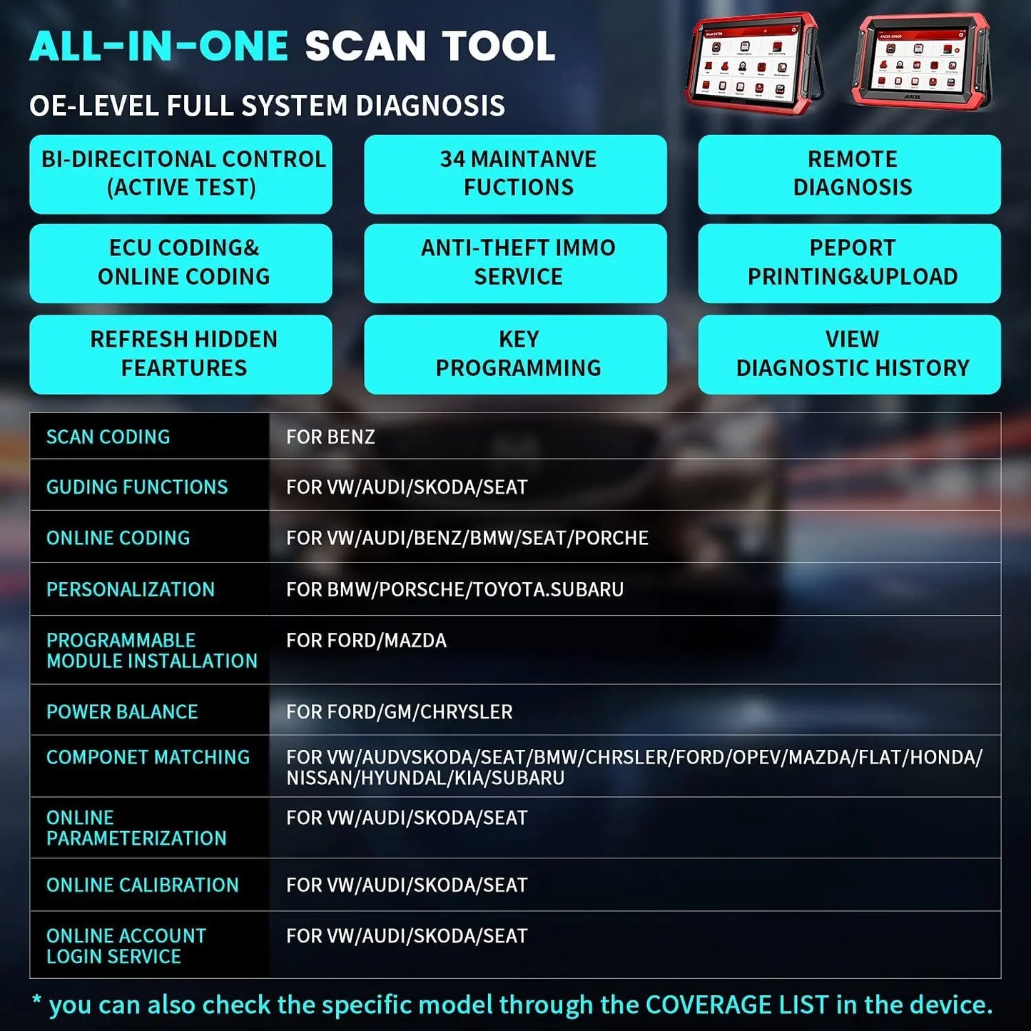Autodiagnosetool – Diagnose Scanner – Foutcode Uitlezer – OBD2 Scanner – Auto Diagnosesysteem – 8 Inch Scherm – WiFi & Bluetooth Verbinding
