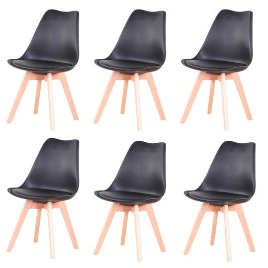 Stoel - Eetstoelen - Eetstoelen Set van 6 - Noordse middeleeuwse eetkamerstoelen - Gewatteerde zitting - Beukenhouten poten - Zwart