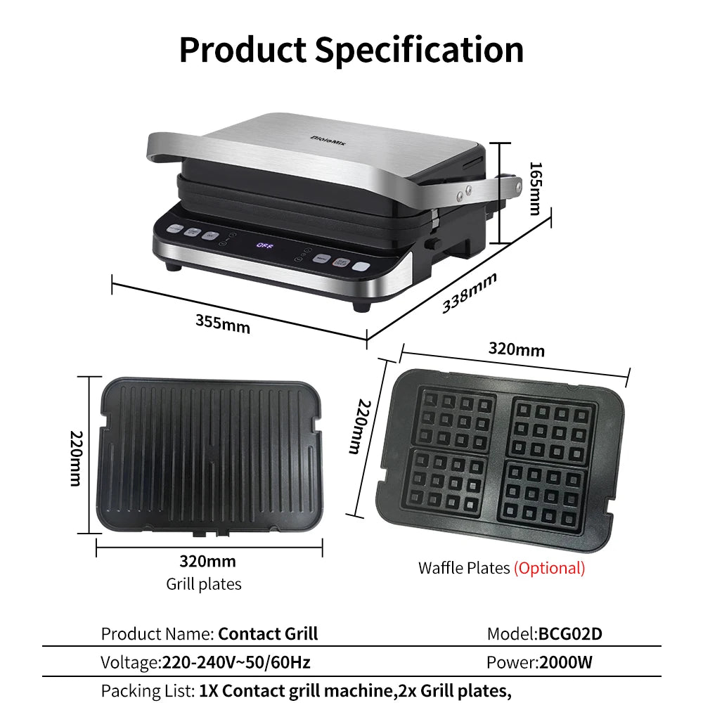 BioloMix Grill Apparaat - Contactgrill - Panini grill - 2000Watt - 180 °C - Tosti Apparaat - Uitneembare/Omkeerbare Platen - QUORE