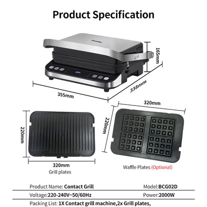 Wafelijzer - Wafelmaker - Waffle iron - Waffle Machine - Regelbare Thermostaat - 2000W Digitale Contactgrill - Panini Pers - 180° - Zilver - QUORE
