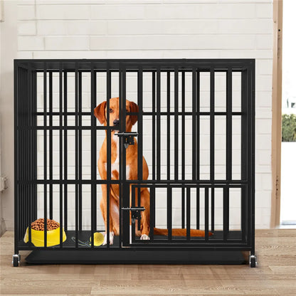 Hondenbench - Hondenkooi - Hondenkrat - Kennelbox - met Wielen - Afneembare Lade - Zwaare - Stevig - 3 Deuren Sloten - Gewichtscapaciteit 100 kg - Metaal - L - 95 x 57 x 81 cm - Zwart - QUORE