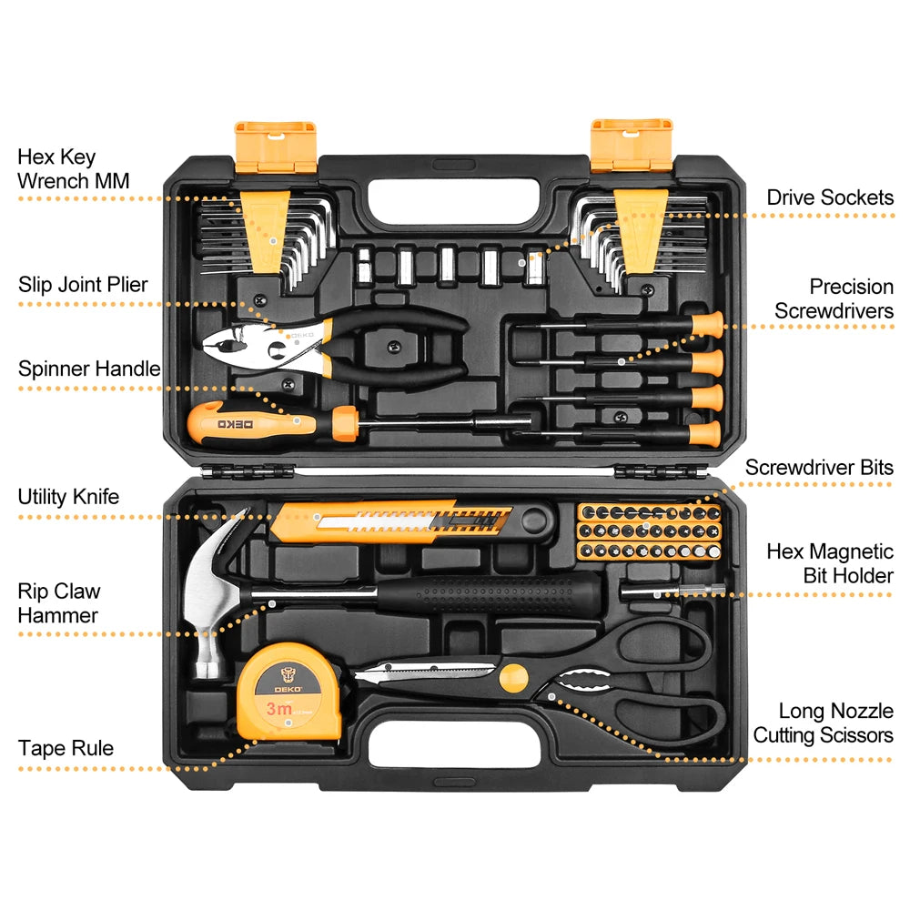 Deko - Basisgereedschapset - Gereedschap - 62 stuks - Gereedschapsset - Gemengde gereedschapsset - Schroevendraaierdop Schaar Mes - Multitoolset - voor doe-het-zelf thuis autoreparatie - QUORE