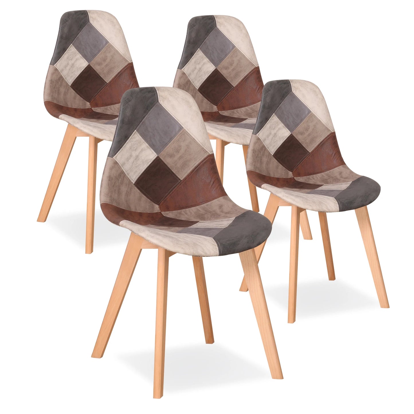 Nordic Eetkamerstoelen – Eetkamerstoelen – Stoelen – Keukenstoelen – Woonkamerstoelen – Bruin Patchwork – Beukenhouten Poten – Ergonomisch Comfort – Set Van 4
