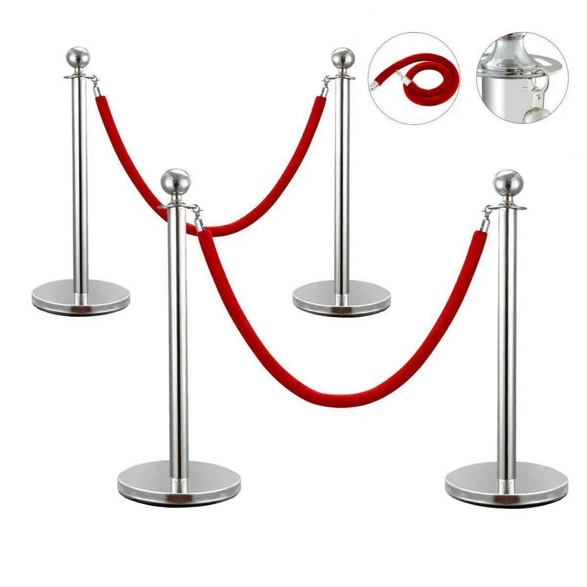 Vevor - Crowd Control Stanchion Barrières - Voor Menigtecontrole Rvs bolders - Staanders fluwelen touwen rood 1,5 m - Zilver 4 stuks - QUORE
