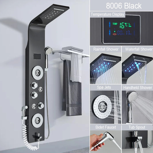 Douche - Regendouche - Douchewand - Douchekolom - Douchepanelen - Matte LED Douchepaneel met Waterval, Regendouche en Massagejets - Zwart