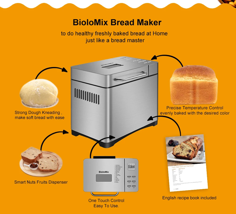 BioloMix - Bread Maker - Bread Machine - Oven - 650W - 1KG 19-in-1 Automatic Bread Maker - Stainless Steel