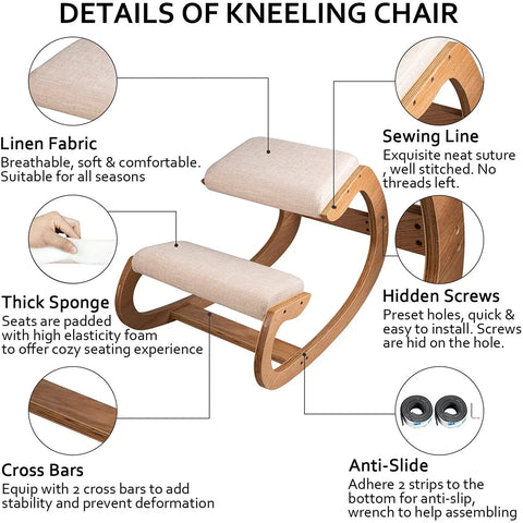 Rocking Chair Adults - Rocking Chairs - Ergonomic Rocking Chair - Kneeling Chair - Ergonomic Kneeling Chair - Office Chair - Correct Posture - with Thick Cushion - White Oak Frame
