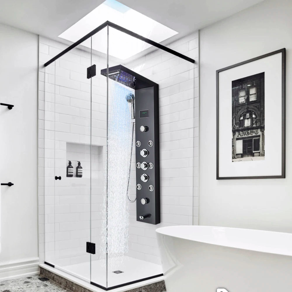 Douche - Regendouche - Douchewand - Douchekolom - Douchepanelen - LED Verlichte Regendouche Paneel – Waterval & Massage Jets met Digitale Display – Luxe Douchekolom - Zwart - QUORE