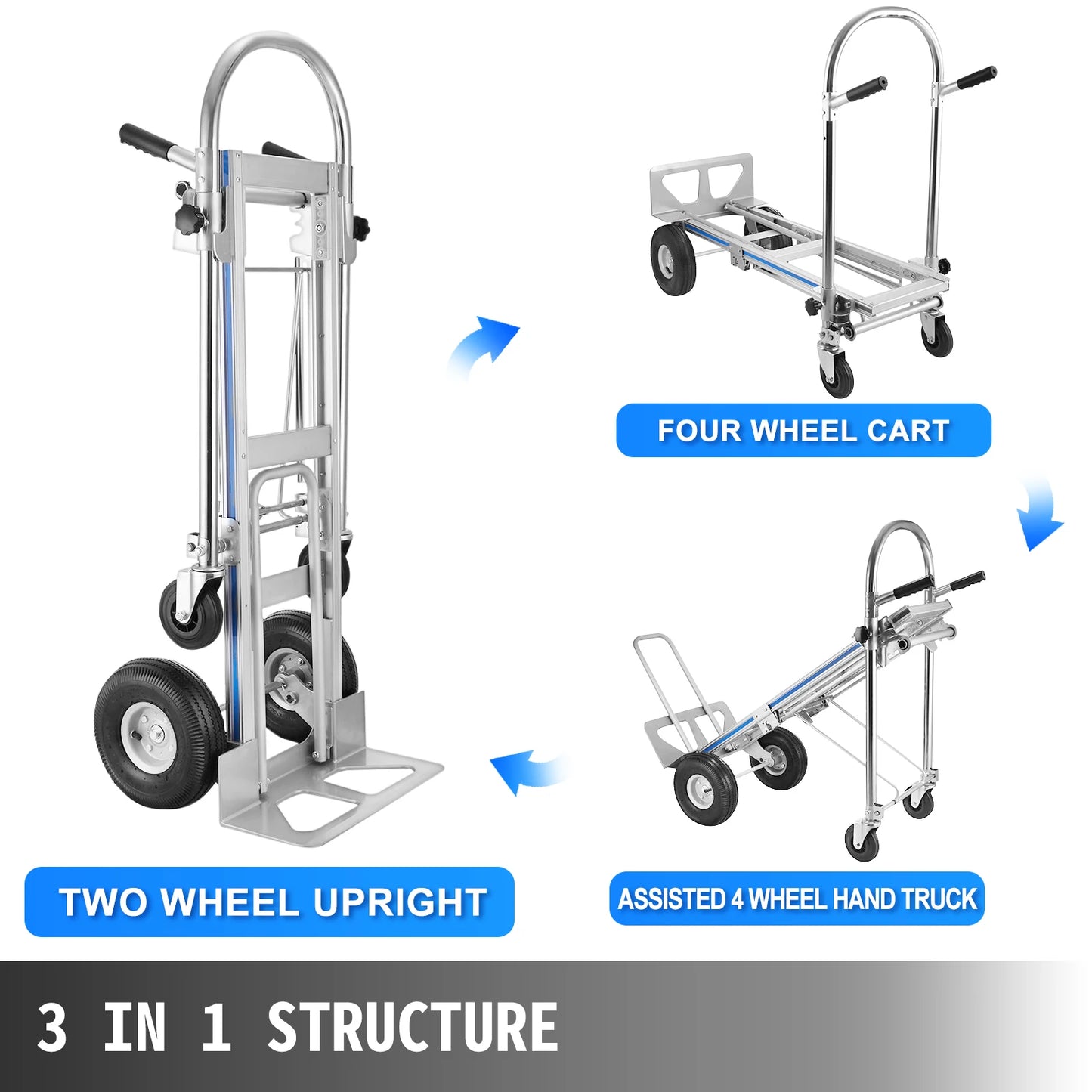 Steekwagen - Transportkar - Transportwagen - Magazijnwagen - Platformwagen - 3-in-1 - Opvouwbare - Aluminium - Draagvermogen 180 kg - Multifunctionele Trolley voor Zwaar Werk en Huishoudelijk Gebruik - Steekkar