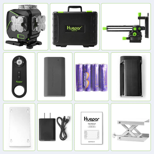 Huepar S03DG 12 Lines Green Laser Level 3D Self-leveling Horizontal & Vertical LCD Display/Bluetooth/ Remote Control Hard Case