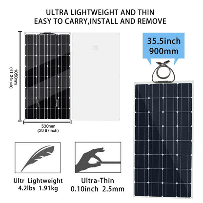 Zonnepanelen - Zonnepaneel - Monokristallijne - 200W - Flexibele - Waterdichte - Voor Camping - Huis - Auto - Off-Grid 12V Systeem - 2 Stuks - QUORE