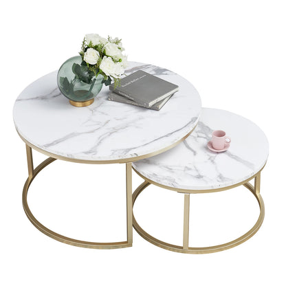Salontafel – Koffietafel – Bijzettafel – Woonkamertafel – Ronde Salontafel – Set Van 2 – MDF Marmerlook – Stalen Onderstel – Diameter 80 & 60 cm – Max Draagkracht 50 kg
