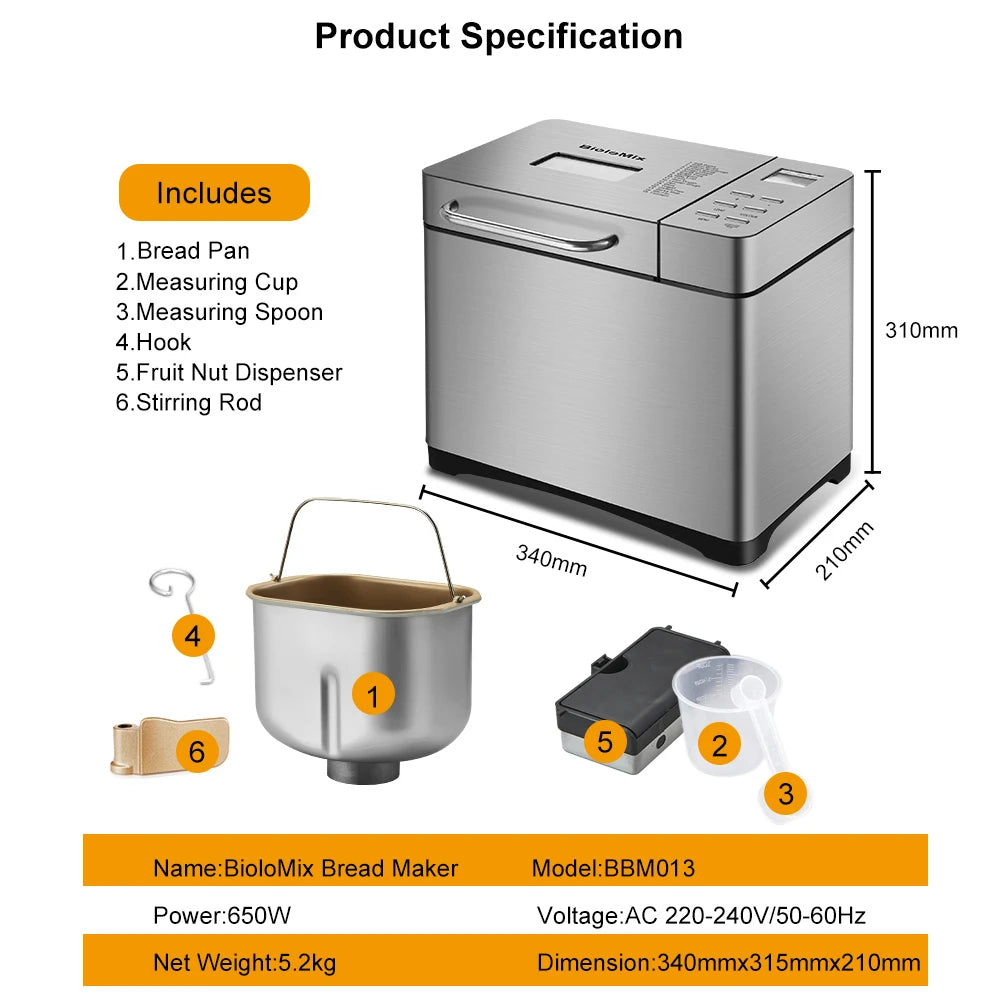 Broodsnijmachine - Broodbakmachine - Broodbakmachine - Automatische Broodbakmachine - 19-in-1 - 650W - 1KG - Inclusief Fruit & Notendispenser - QUORE
