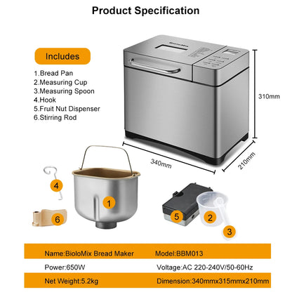 Broodsnijmachine - Broodbakmachine - Broodbakmachine - Automatische Broodbakmachine - 19-in-1 - 650W - 1KG - Inclusief Fruit & Notendispenser - QUORE