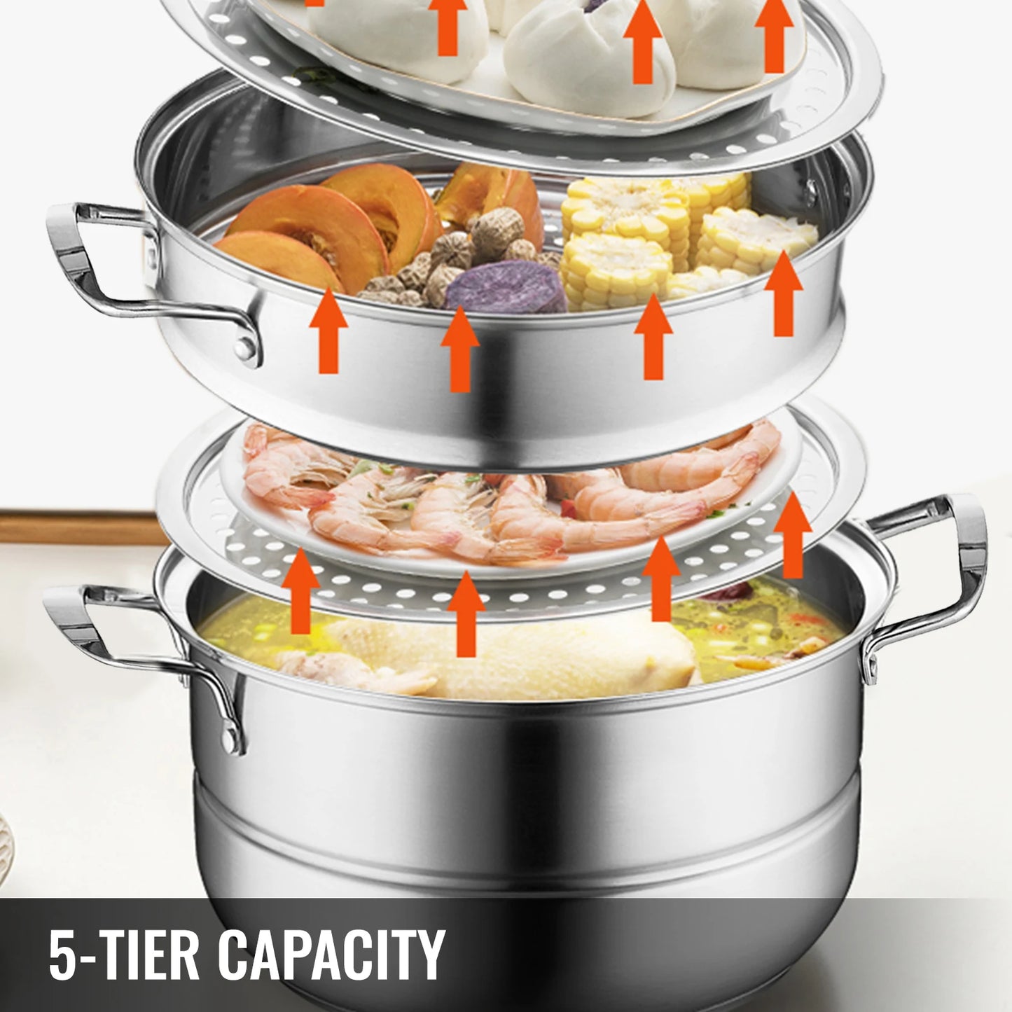 Stoompan  - Stoomkoker - Stoommandje - RVS Stoompan  - Stoommandje RVS - 5 Laags - 30 cm - Stoomkoker voor Groenten, Dumplings & Rijst