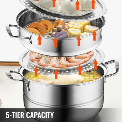 Stoompan  - Stoomkoker - Stoommandje - RVS Stoompan  - Stoommandje RVS - 5 Laags - 30 cm - Stoomkoker voor Groenten, Dumplings & Rijst
