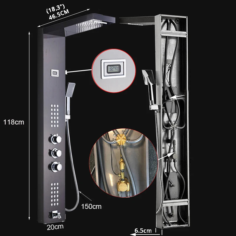 Douche - Regendouche - Douchewand - Douchekolom - Douchepanelen - Thermostatische Waterval & Regendouche Paneel - Geborsteld Nikkel - 3 Handgrepen - RVS Douchezuil