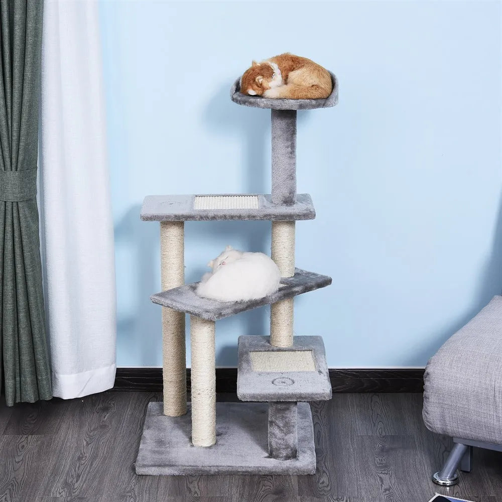 Kattenboom - Krabpaal - met Activiteitencentrum - Platforms - Perfect voor  Een Dutje Doen - Sporten - Spelen - Spaanplaat - Zacht pluche - 48.5 x 48.5 x 100 cm - Grijs - QUORE
