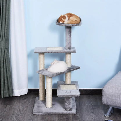 Kattenboom - Krabpaal - met Activiteitencentrum - Platforms - Perfect voor  Een Dutje Doen - Sporten - Spelen - Spaanplaat - Zacht pluche - 48.5 x 48.5 x 100 cm - Grijs - QUORE